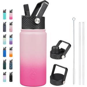 BJPKPK Insulated Water Bottles with Straw Lid, 18oz Stainless Steel Metal Water Bottle, Cold Hot Thermos with 3 Lids, Leak Proof BPA Free Travel Cup, Wide Mouth Flasks, Thermos -Cherry