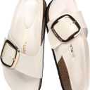 Dumalum Womens Slides Sandals Cork Footbed Flat Sandals Comfort Open Toe Buckle Flip Flops Slip On Home Slippers for Dressy Summer Beach Essentials (Beige)