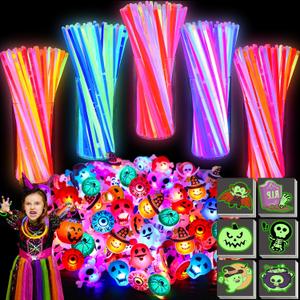 150 PCS Halloween Party Favors for Kids, Halloween Glow in The Dark Toys Bulk Light Up Glow Sticks LED Rings Halloween Treats for Goodie Bag Fillers Trick or Treat Toy Classroom Prizes