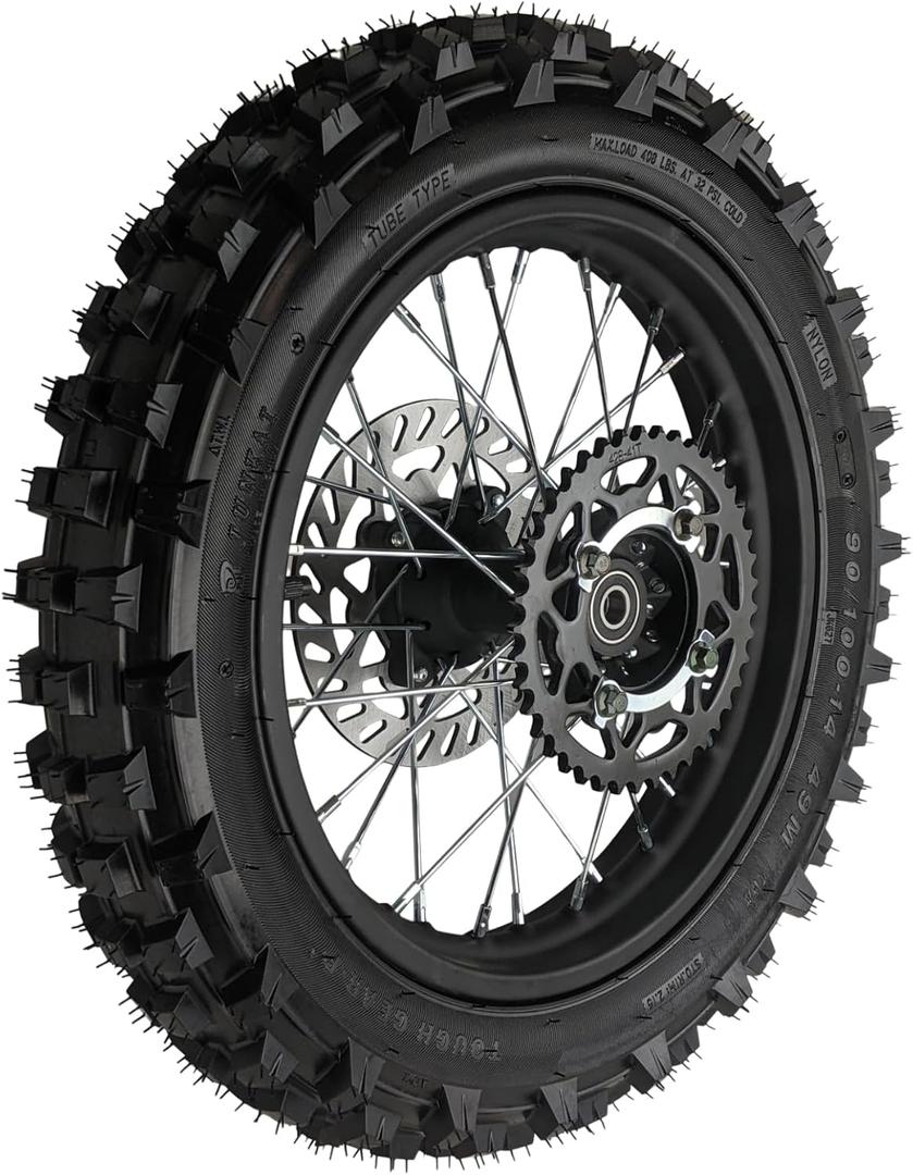 14" Rear Wheel Rim Tire Assembly For Dirt Pit Bike Trail 90/100-14 Rear Wheel Rim Tire Fits 125/140/150/160cc Pit Dirt Bike KLX65 Apollo Kayo TT SSR 125 140 Includes Brake Rotor and Sprocket (14 inch)