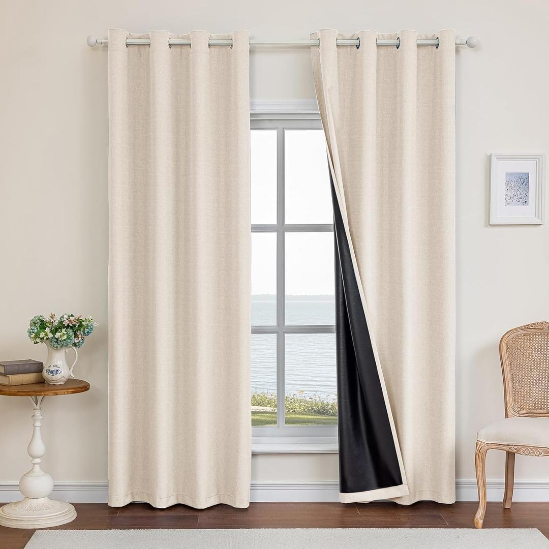 CYCMACO Linen 100% Blackout Curtains for Bedroom, Black Out Curtains 96 Inch Long, Room Darkening Curtains for Living Room, Long Curtain Grommets Drapes, Thermal Curtains(2 Panels, Beige)