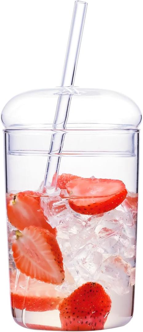 WHJY Glass Tumbler with Lid and Straw - 16oz Heat Resistant Glass Cup for Travel, Smoothies and Outdoor Use (Clear)