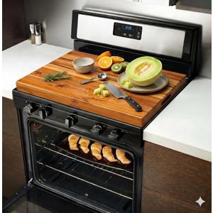 Teak Wood Noodle Board Stove Cover with Handles for Gas & Electric Stoves, 29.5" x 21.6" Wooden Stovetop Cover Tray for Counter Space, Cutting Board with Juice Groove