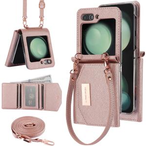 for Samsung Galaxy Z Flip 6 Wallet Case with Built-in Leather Cash Slot and Credit Card Holder. Wristlet Strap and Hinge Protection, Carrying Handbag Phone Case for Women Ladies.(Rose Gold)