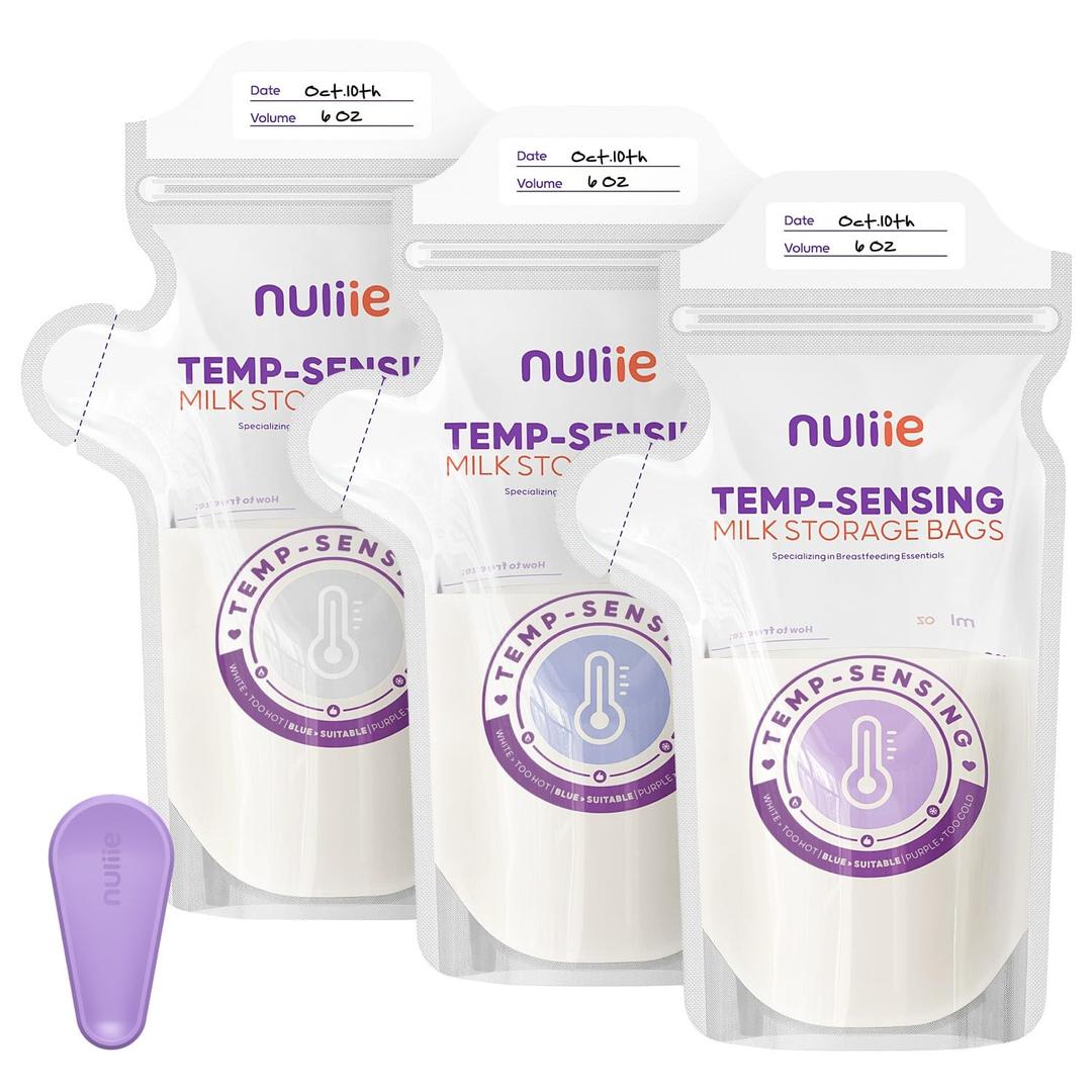 Nuliie 150pcs Temp-Sensing Breastmilk Storage Bag, Huge Temp-Sensing Icon & Locking Clamp, 6oz Breast Milk Storage Bags Freezer Pour Spout, Self Standing Milk Storage Bags Breastmilk, BPA-Free No-Leak