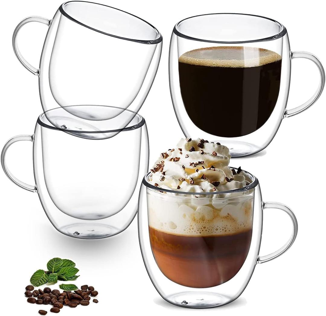 8 oz/250ml Double Walled Glass Coffee Mugs, Clear Coffee Cups and Mugs Set of 4, Cappuccino Latte Macchiato Glasses Cups with Handle, Espresso Mug Cups for Latte, Hot/Cold Drink