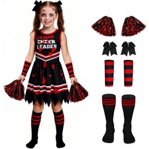Halloween Cheerleader Costume for Girls, Zombie Cheerleader Costumes Scary Bloody Fear Cheer Leader Outfit for Kids (7-8Y)