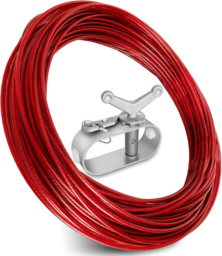 Belleone Swimming Pool Cover Cable and Winch Kit - 100ft Plastic-Coated Steel Pool Cover Wire & Aluminum Spring Loaded Pool Cover Ratchet for Above Ground Swimming Pool Winter Safe (Red)