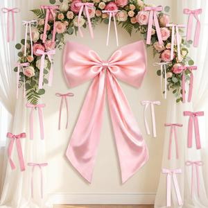 Large Pink Bow for Coquette Decor, 22Pcs 40x24 Inch Giant Satin Bow Set with 21 Small 3-Sizes Bows, DIY Photo Backdrop Wall Hanging Decor for Wedding Bridal Baby Shower Birthday Nursery Girls Room