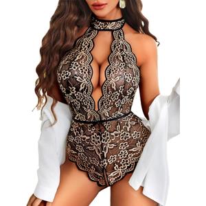 Avidlove Lingerie for Women Halter Lace Bodysuit V Neck Teddy One Piece Babydoll Nightgown (Medium, Black Skin)