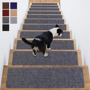 Stair Treads Non-Slip 16 Pack 8"x30" - Carpet Stair Runner for Indoor Wooden Steps with TPE Backing & Anti-Skid Surface, Reusable Adhesive Safety Rug for Kids/Elder/Pet-Friendly - Grey