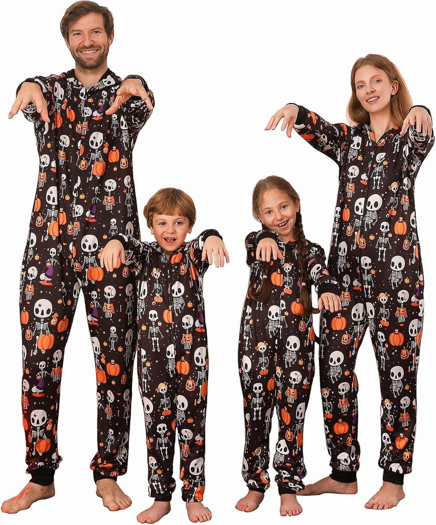 VNVNE Matching Halloween Onesie Pajamas for Family/Couples/Women/Men, Skeleton Holiday One Piece Adults Pjs Sleepwear (Small, Black Skull)