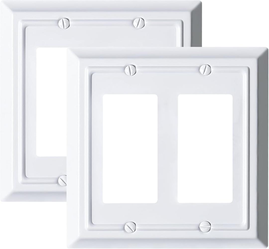 Metal Electrical Outlet Covers, Light Switch Cover Wall Plates, Mid Size Thicker Decorative Switch Plates,Receptacle Wall Plate of Modern Styles (Pure White, 2 Gang Decorator 2 Pack)