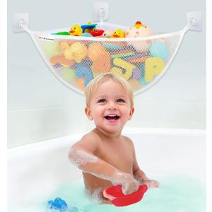 Bath Toy Storage Organizer for Bathtub Large Mesh Bath Toy Holder & Bath Toy Net, Corner Bathtub Toy Storage with 3 Strong Suction Cups, 3 Adhesive Hooks, Quick-Dry Toy Holder for Tub & Shower