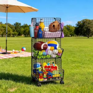 Sonyabecca Outdoor Toy Storage Basket, Play Kitchen Organizer with 5 S-Hooks,3 Tier Rolling Storage Cart Garage, Pantry Floor Snack Cart with Wheels,Toy Shelf Dog Storage Organizer Kids Bookshelf