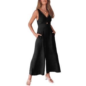 ANRABESS Women's Jumpsuits Summer Wide Leg Sleeveless V Neck Casual Dressy Linen Pants Rompers 2025 Vacation Beach Outfits (Medium, Black)