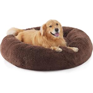 Bedsure Calming Dog Bed for Extra Large Dogs - Donut Washable Large Pet Bed, Anti-Slip Round Fluffy Plush Faux Fur Dog Bed, Fits up to 125 lbs Pets, Brown, 45 inches (Coffee)