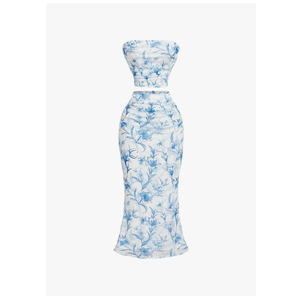 Verdusa Women's 2 Piece Floral Outfits Ruched Strapless Bandeau Crop Top and Fishtail Bodycon Skirt Set, Size Medium