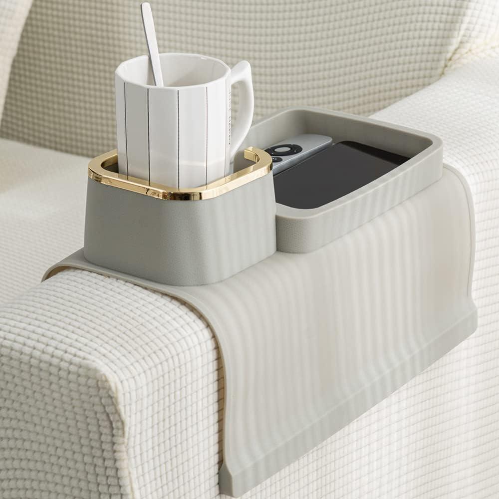 Couch Cup Holder Tray, Elimiko Silicone Anti-Spill and Anti-Slip Couch Drink Holder, Strong and Weighted Phone/Remote/Snacks Sofa Cup Holder (Griege)