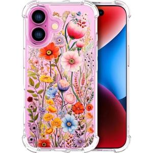 ENDIY Cases Compatible with iPhone 16 Plus Case for Women Cute Phone Case Clear Design, 16 Plus Case Cool Kawaii Protective,Anemone Lily Leaves Flowers Florals Pink Red Spring