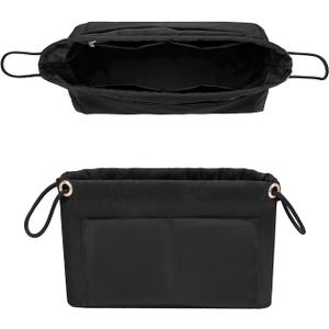 GIVLEFLY Purse Organizer Insert with Multiple Pockets, Drawstring Satin Tote Bag Organizer, Light Weight Purse Liner with Zipper Pocket Fit for City 23 Carryall BB and More (Black, Small)