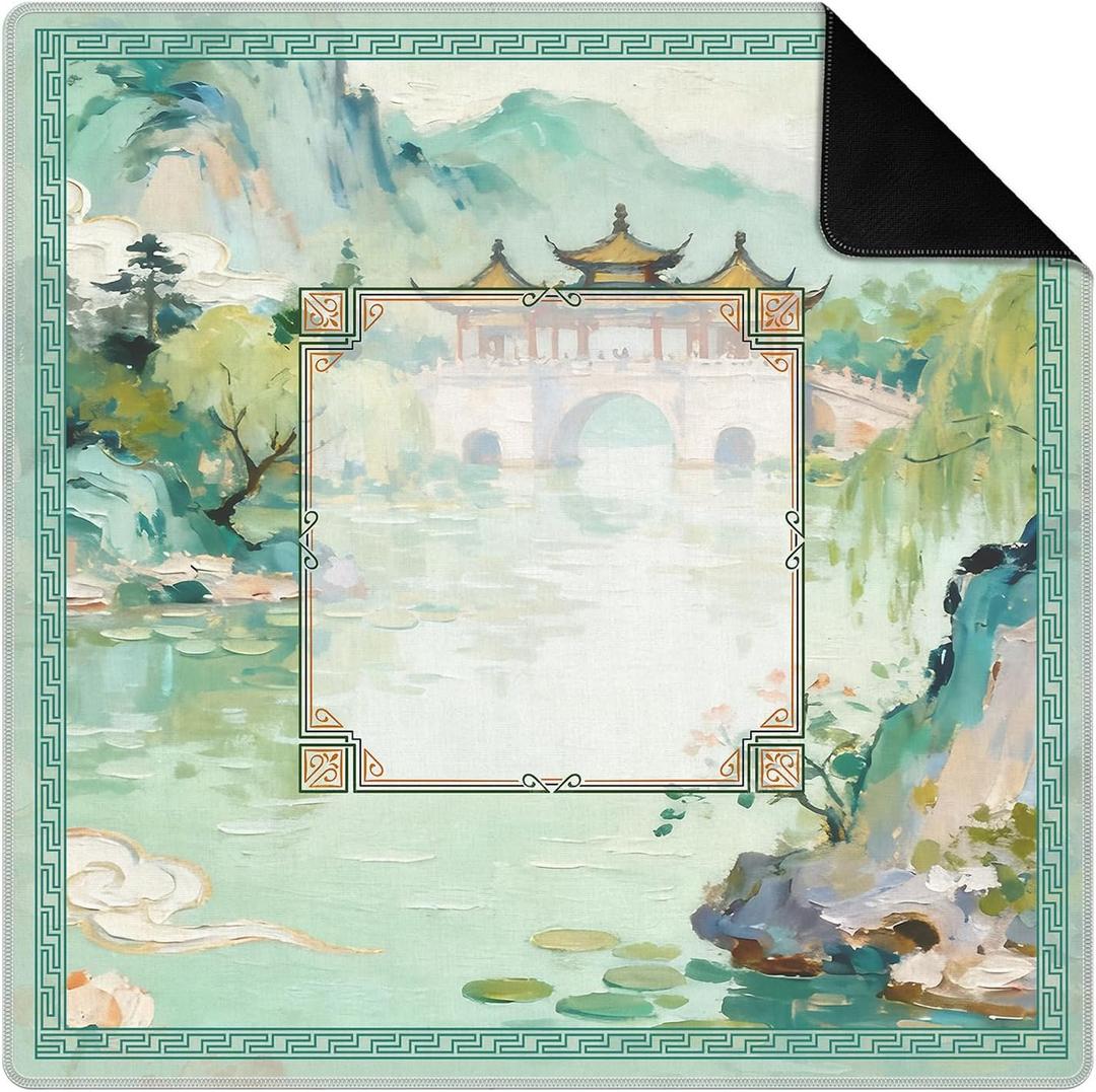 Elegant Chinese Garden Mahjong Mat, Teal Green Chinoiserie Pavilion Lake Non-Slip Noise Reduction Gaming Mat 31.5 x 31.5 Inch for Table American Mahjong Poker Board Games Card Games Dominoes