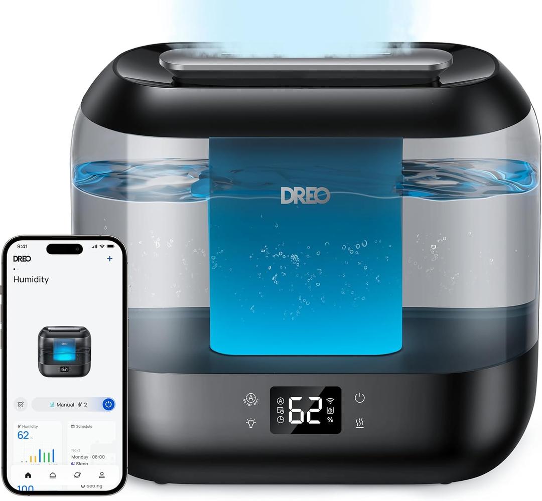 Dreo Smart Humidifiers for Bedroom, Top Fill 4L Supersized Cool Mist Humidifier with Nightlight, 32H Runtime, Touch/APP/Voice Control, 28 dB Quiet Ultrasonic Humidifiers for Large Room, Baby, Plants (Black)