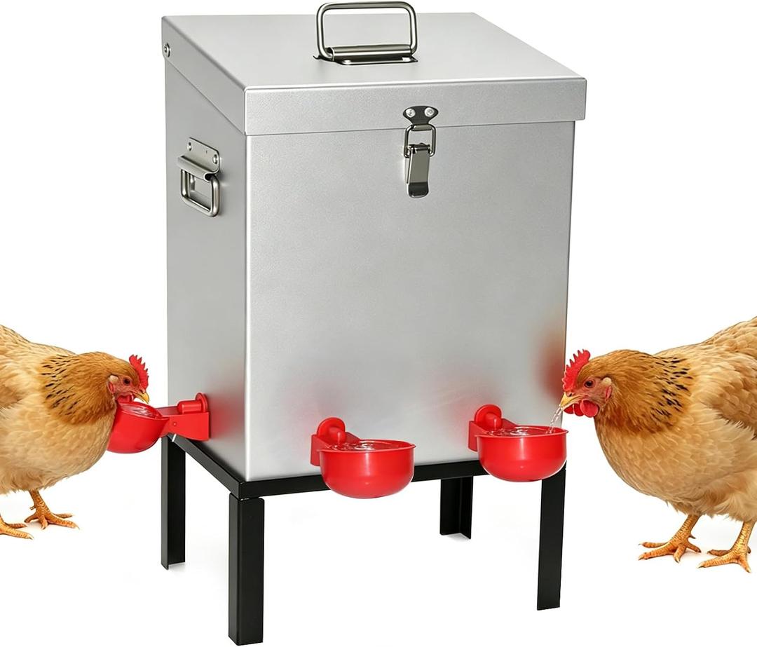3 Gal Galvanized Steel Poultry Waterer, Automatic Poultry Waterer | Chicken Waterer with 4 Water Cups, Reinforced Base & Secure Latch, Heavy Duty Watering System for Backyard Chickens Ducks