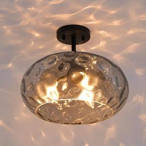 Matte Black Semi Flush Mount Ceiling Fixture Large Smoked Hammered Glass Shade Modern Close to Ceiling Light 14" Art Lampshade for Hallway Foyer Bedroom