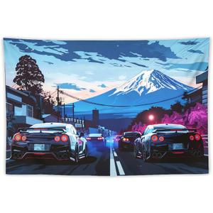 ANMOGID JDM R35 Cars Tapestry, Mount Fuji Art Anime Wall Hanging, Japanese Aesthetic Room Decor for Bedroom Living Room Dormitory Office 59" x 39"