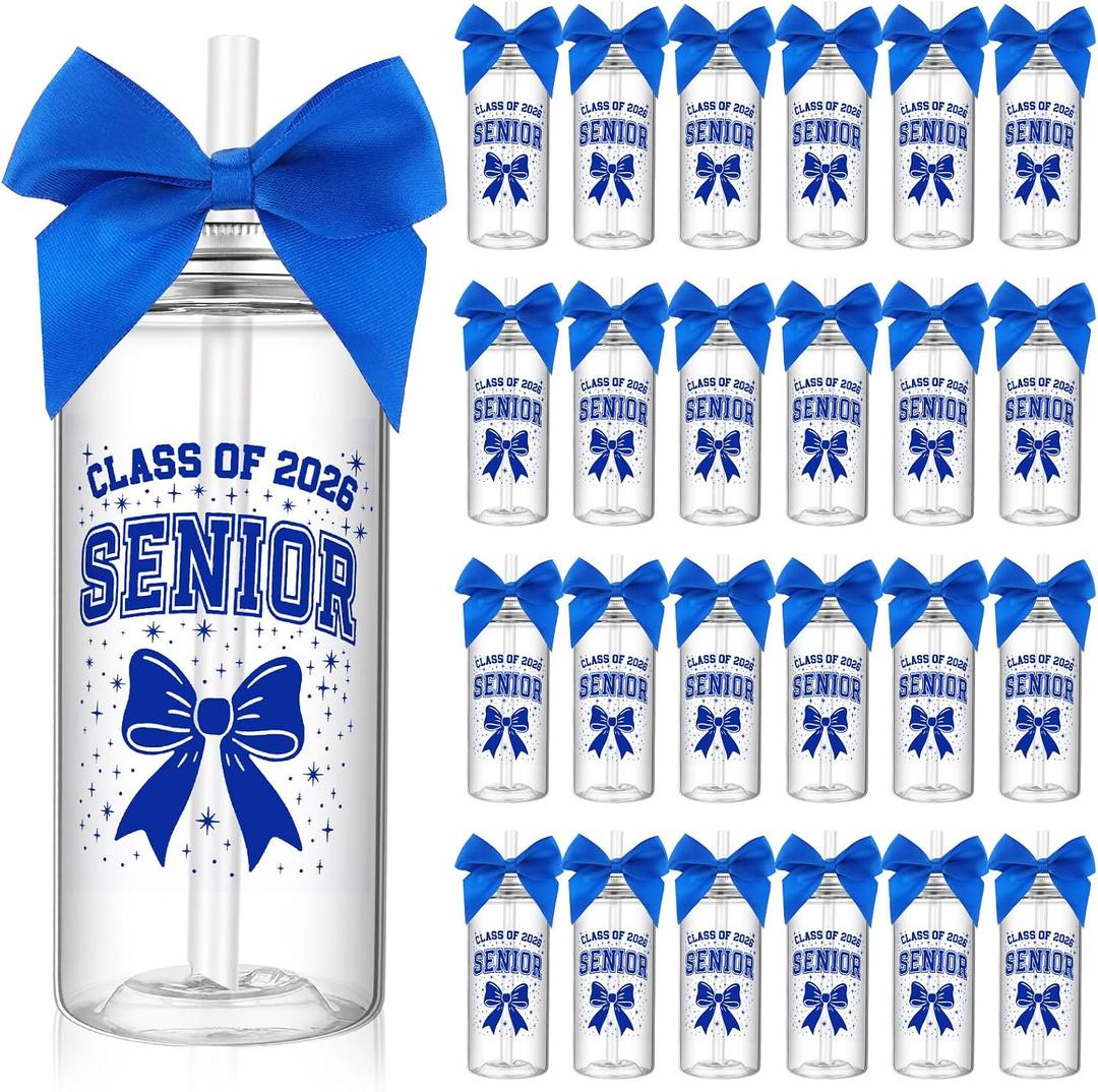 Yungyan 24 Set 2026 Graduation Plastic Cups with Lid and Straws 13.5 oz Class of 2026 Senior Tumblers Blue Bow Hair Ties Graduation Gifts for Class of 2026 Party Favors Decoration
