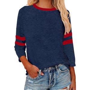 Womens 3/4 Sleeve Fashion Crewneck Tops Patchwork Blouse Casual Loose Comfy Shirt (X-Large, 1 Navy Red)