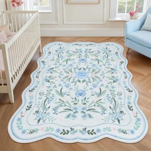 Blue Floral Rug 4x6 for Girls Bedroom or Nursery, Scalloped Washable Non-Slip Area Rug, Cute Soft Boho Carpet for Kids Room, Dorm, or Playroom