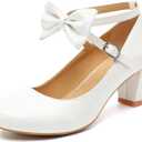 Rjclyh Women's Cute Bow Chunky Heels Mary Jane Pumps Cross Strap Block Dress Shoes for Wedding Bridal Party Prom White Patent Leather US 8