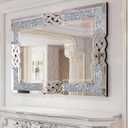 Crushed Diamond Wall Mirror: 36 x 24 inch Rectangular Glass Silver Vanity with Decorative Glam Bling Crystal Frame Edge, Funcky Home Art Decor for Livingroom Dining Room Bathroom