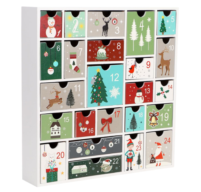 SAND MINE Wooden Christmas Advent Calendar with 24 Drawers, Countdown to Christmas, Refillable Wooden Advent, White