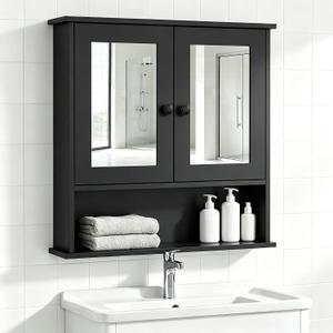 Panana Wall Mounted Bathroom Cabinet Wall Cabinet with 2 Mirrored Doors and Open Compartment, Inner Adjustable Shelf, 22" x 5.1" x 22.8" (Black)