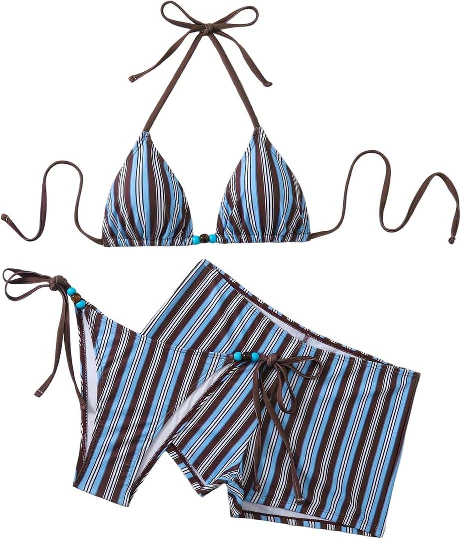 SHENHE Women's 3 Piece Swimsuits Y2k Striped Triangle String Bikini Set with Cover Up Shorts, XS