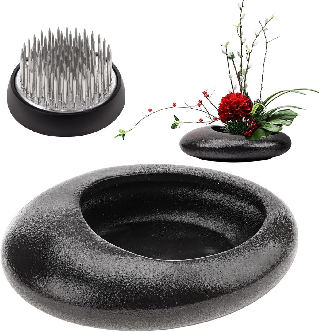 Folmywy Japanese Ikebana Flower Frog Vase Kit Flower Arrangement with 1.57 Inch Kenzan Ceramic Flower Stem Holder Black Round Frog Bowl for Table Centerpieces DIY Art Supplies (5.51x4.13in)