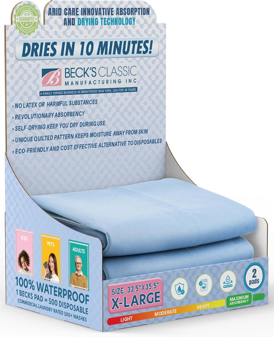 Beck's Classic Washable Underpads, 34 x 36 (2 Pack) - Heavy Absorbency Reusable Bedwetting Incontinence Pads for Kids, Adults, Elderly, Cats or Dogs- Waterproof Pad for Bed, Couch, Sofa, Floor