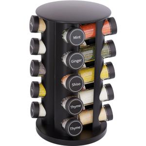 New England Stories Revolving Spice Rack Set with 20 Spice Jars, Kitchen Spice Tower Organizer for Countertop or Cabinet - Carousel Storage Includes 386 Spice Labels (Black)