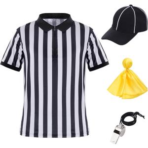 obmwang Referee Shirt for Womens and Mens, Stripe Umpire Jersey Referee Hat Yellow Penalty Flag and Whistle for Halloween (M)