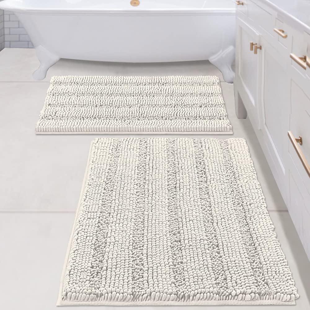 H.VERSAILTEX 2 Piece Bathroom Set - Super Absorbent Chenille Striped Bath Mats, Non Skid, Machine Washable (Cream, 24 x 36 Plus 20 x 32 - Inches)