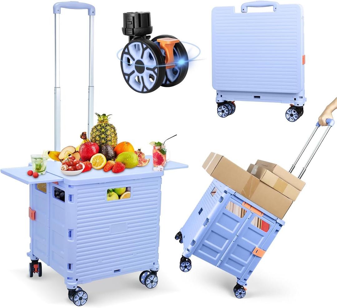 FELICON SELORSS Folding Utility Cart Portable Rolling Crate Handcart with Magnetic Sliding Lid Telescoping Handle Plastic Box Dolly 360Swivel Wheels for Travel Shop Move Office Teacher Use(Blue Pro)