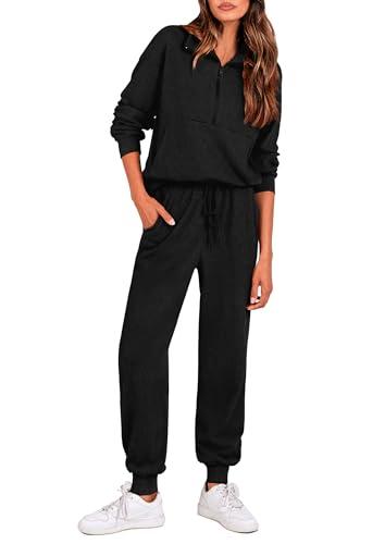 PRETTYGARDEN Women's Fall 2 Piece Lounge Sets Zip Up Sweatshirt Jogger Pants Sweat Track Suits Travel Outfit Winter Clothing (Black,Large)