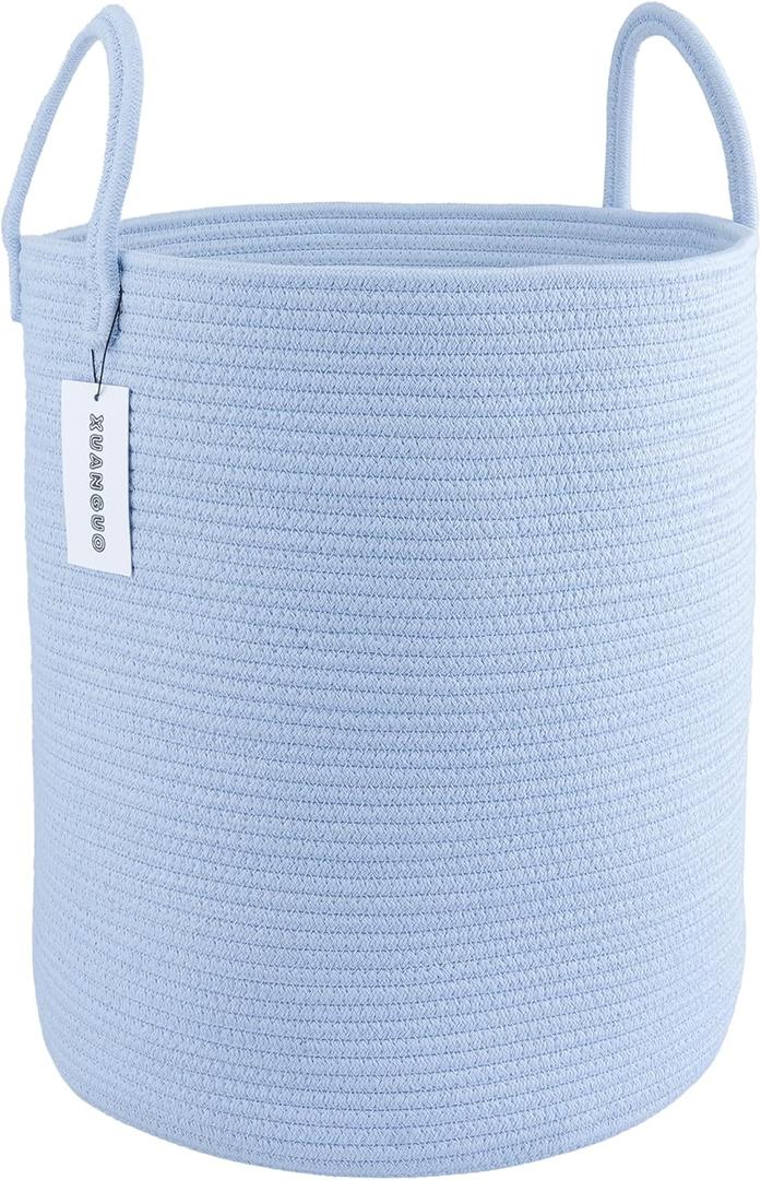 XUANGUO Cotton Rope Laundry Basket Hamper for Clothes Woven Storage Basket for Living Room Bedroom Boho Tall Rope Baskets for Blanket Toys Pillow Towels Baby Nursery Hamper Bin light blue