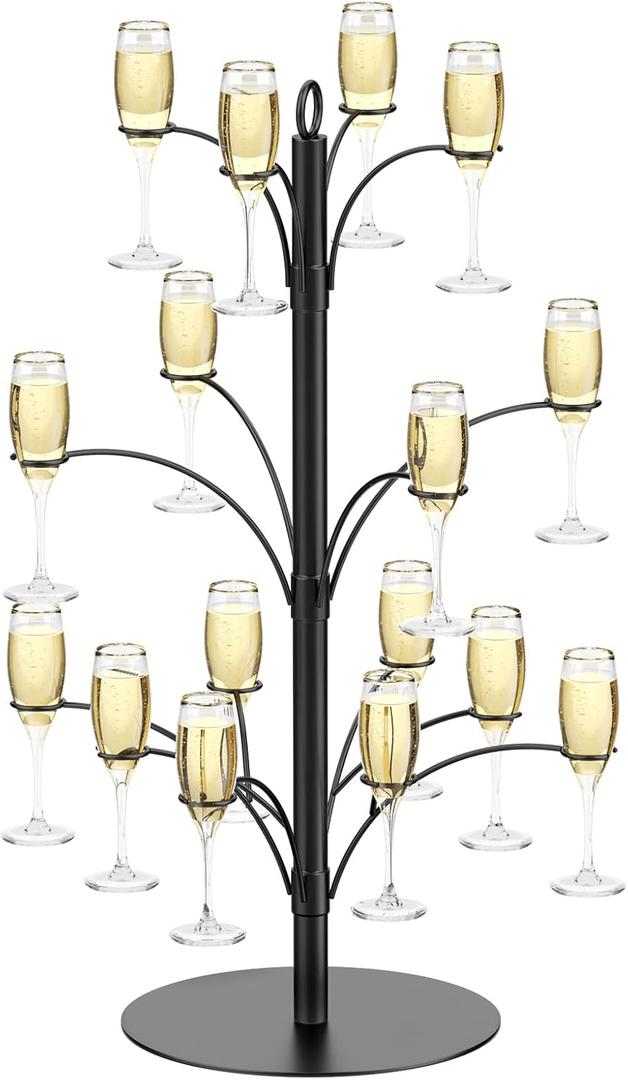 3-Tier 16-Holder Metal Cocktail Tree Stand, Champagne Tower for Glasses Wine Glass Holder Drink Tower, Heavy Duty Drink Stand for Martini Margarita Cups Weddings Parties