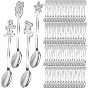 Gerrii 100 Pcs Christmas Spoons Stainless Steel Christmas Stirring Spoon Creative Mixing Coffee Tea Spoon Fancy Mini Dessert Spoons for Drinks Soup Hot Tea Xmas Party Supply, 4 Styles (Silver)