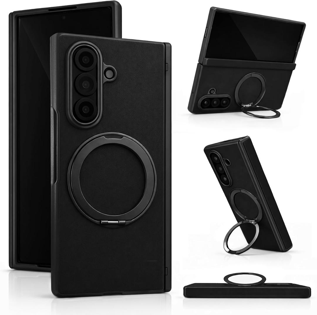 Genuine Leather Case for Galaxy Z Fold 7, Slim MagSafe Compatible Cover with Hinge Protection, Military-Grade Drop Protection, 360° Rotating Magnetic Kickstand (Black(Black Trim))