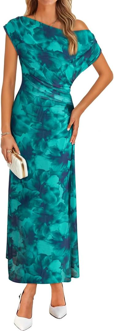 BLENCOT Women's Floral Off Shoulder Maxi Dress Ruched Bodycon Summer Wedding Guest Party Gown (XL, Green)